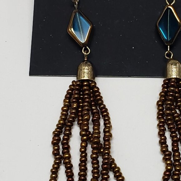 Women's Old Gold-tone - Brown Beads Fringed Drop Dangle Earrings with Blue Stone - Picture 4 of 6